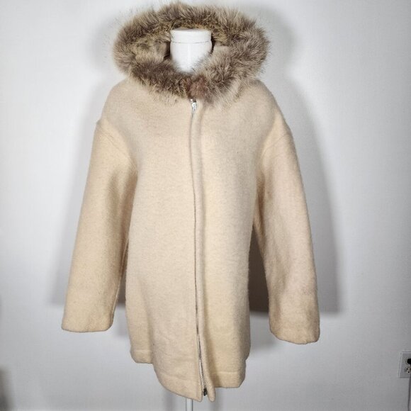 Vintage Hudson's Bay Cream Wool Hooded Coat Fur Trim Winter L - Picture 1 of 10